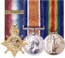 1914 STAR WITH AUG-NOV BAR + BRITISH WAR MEDAL + VICTORY MEDAL
